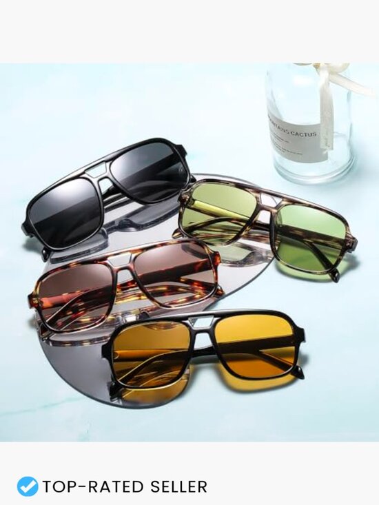 4 Pairs Retro 70s Square Aviator Sunglasses Oversized Vintage Double Bridge